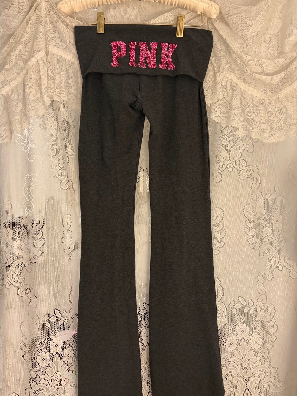 PINK Victoria's Secret Charcoal Fold-Over Yoga Pants with Pink Sequin Logo